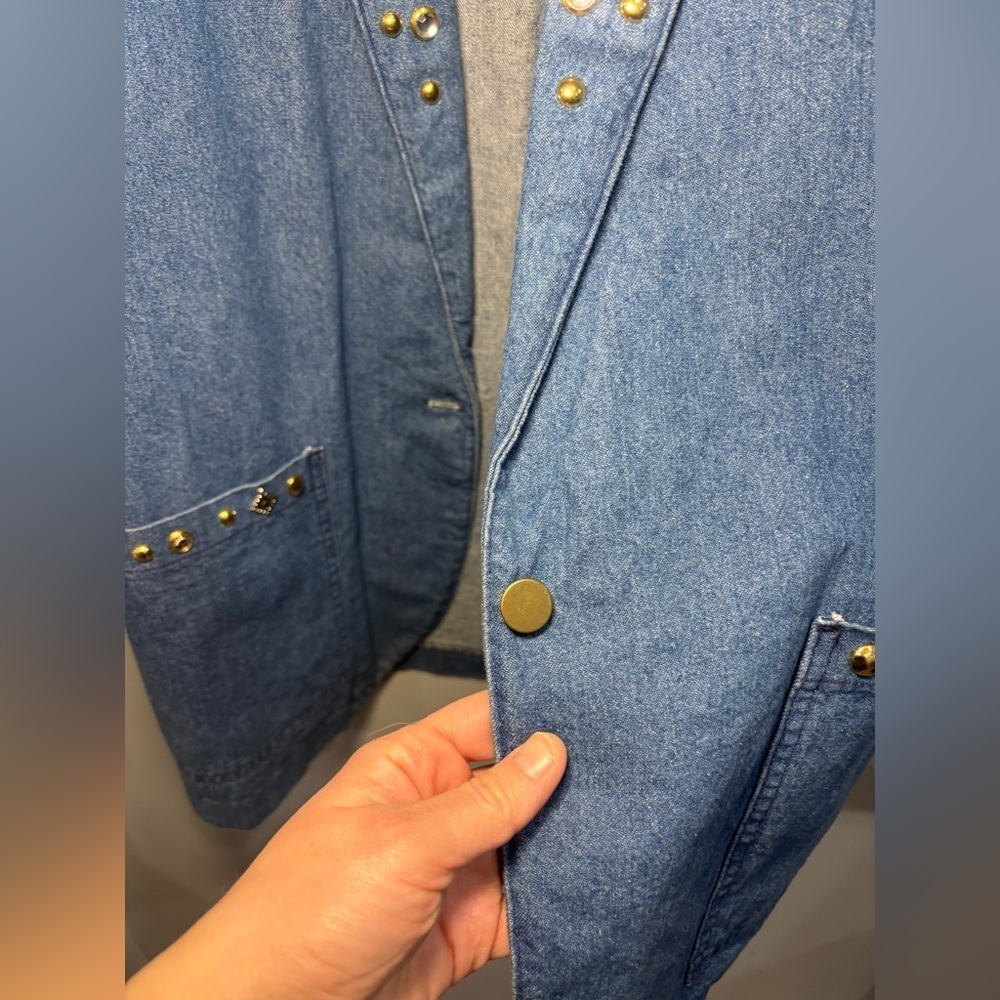 Vintage IDEAS Denim Jacket Blazer Unlined Gold Rhinestone Studded Size Small - Picture 10 of 11